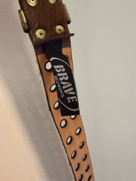 Gold hair-on hyde & leather belt with gold/brass hardware. main image 7